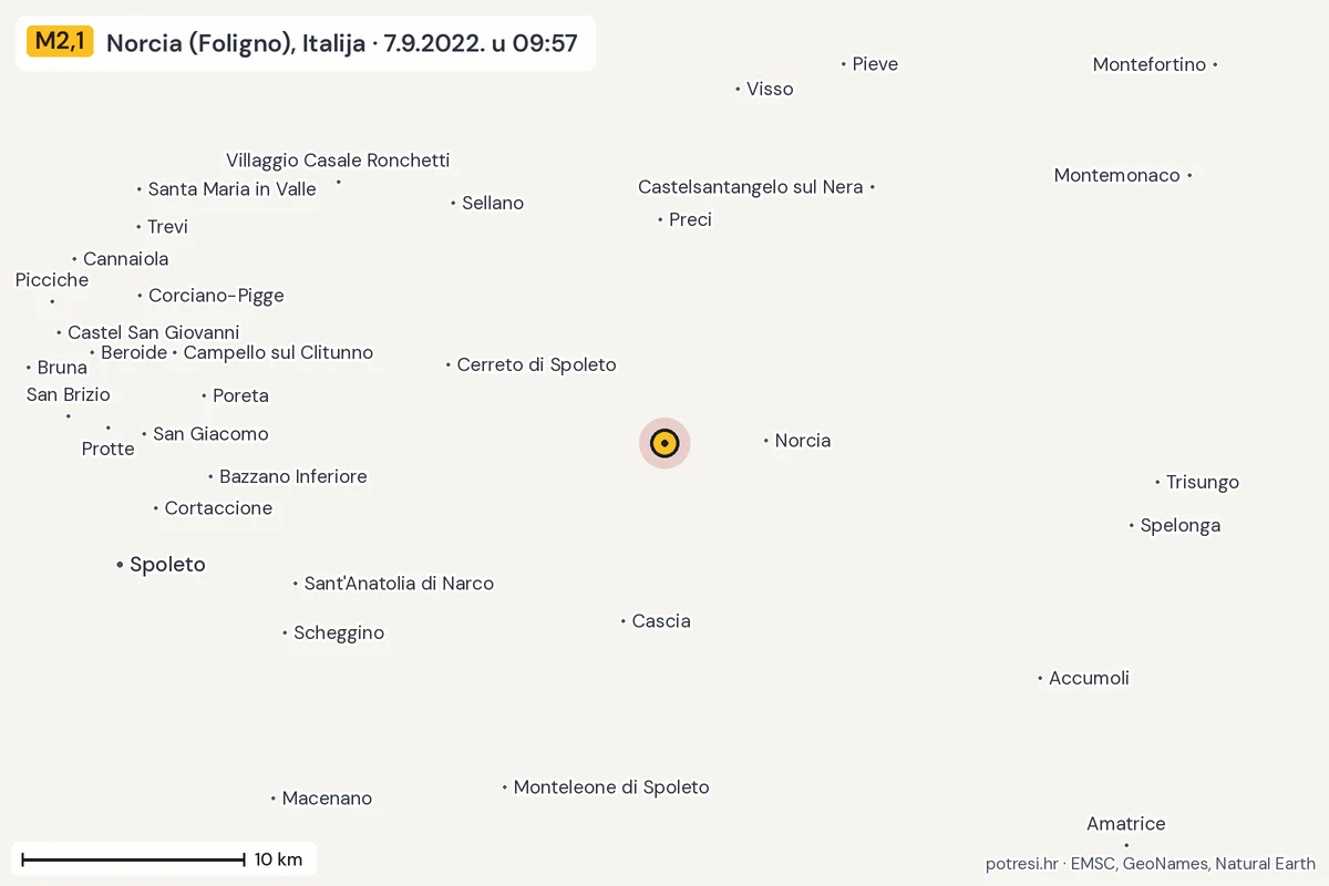 Karta: okolica epicentra, 60 km, potres M2,1, Norcia (Foligno), Italija, 7.9.2022.