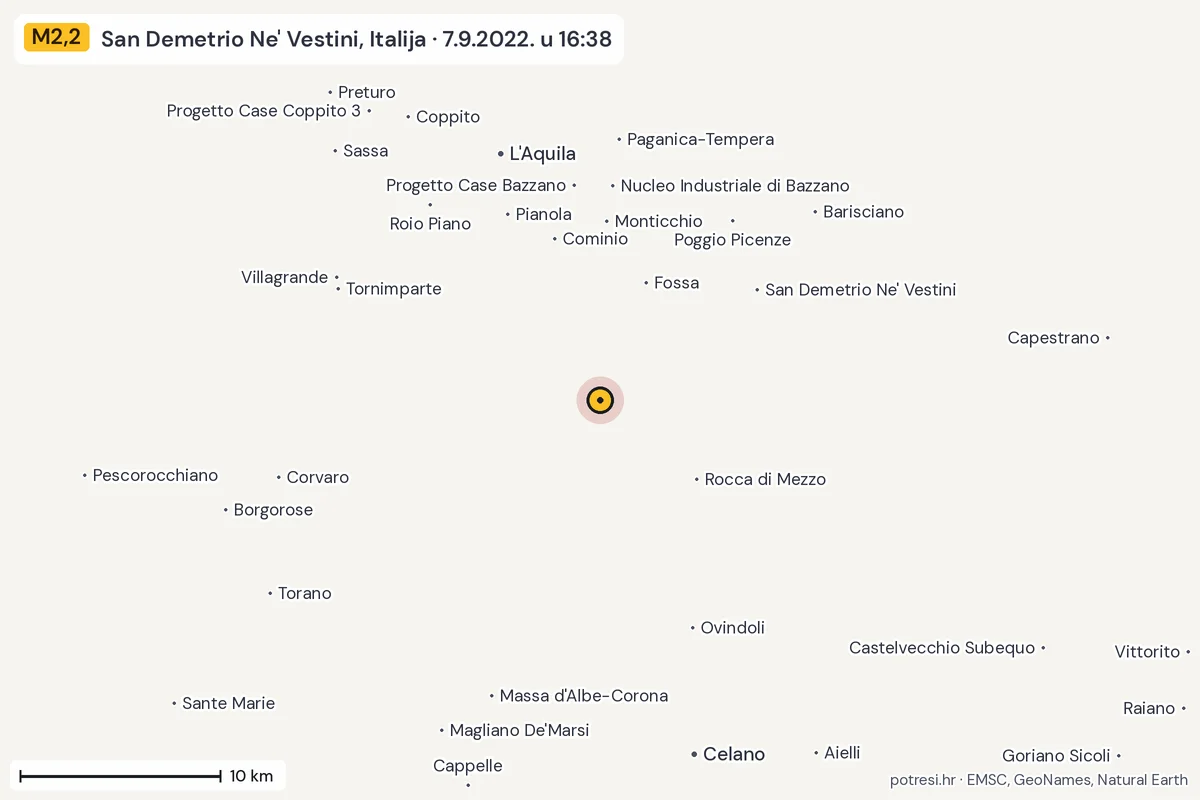 Karta: okolica epicentra, 60 km, potres M2,2, San Demetrio Ne' Vestini, Italija, 7.9.2022.