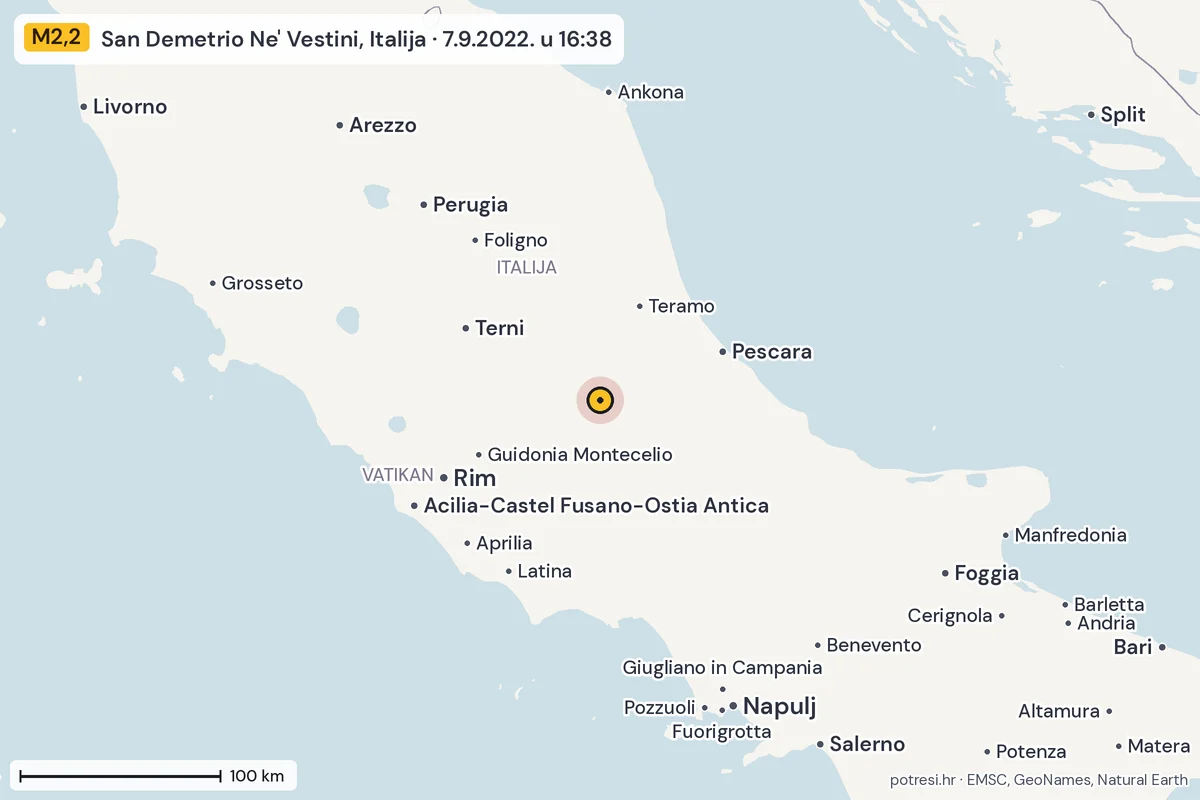 Karta: šire područje, 600 km, potres M2,2, San Demetrio Ne' Vestini, Italija, 7.9.2022.