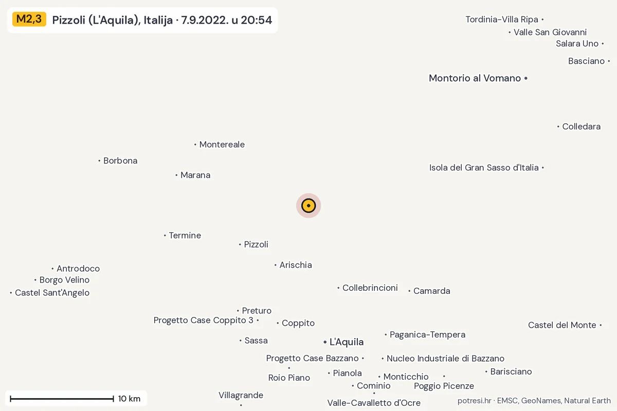 Karta: okolica epicentra, 60 km, potres M2,3, Pizzoli (L'Aquila), Italija, 7.9.2022.