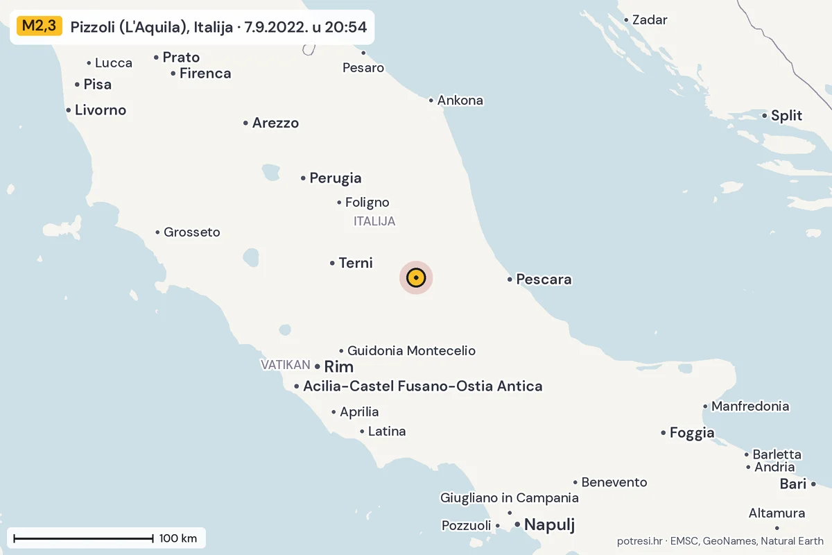 Karta: šire područje, 600 km, potres M2,3, Pizzoli (L'Aquila), Italija, 7.9.2022.