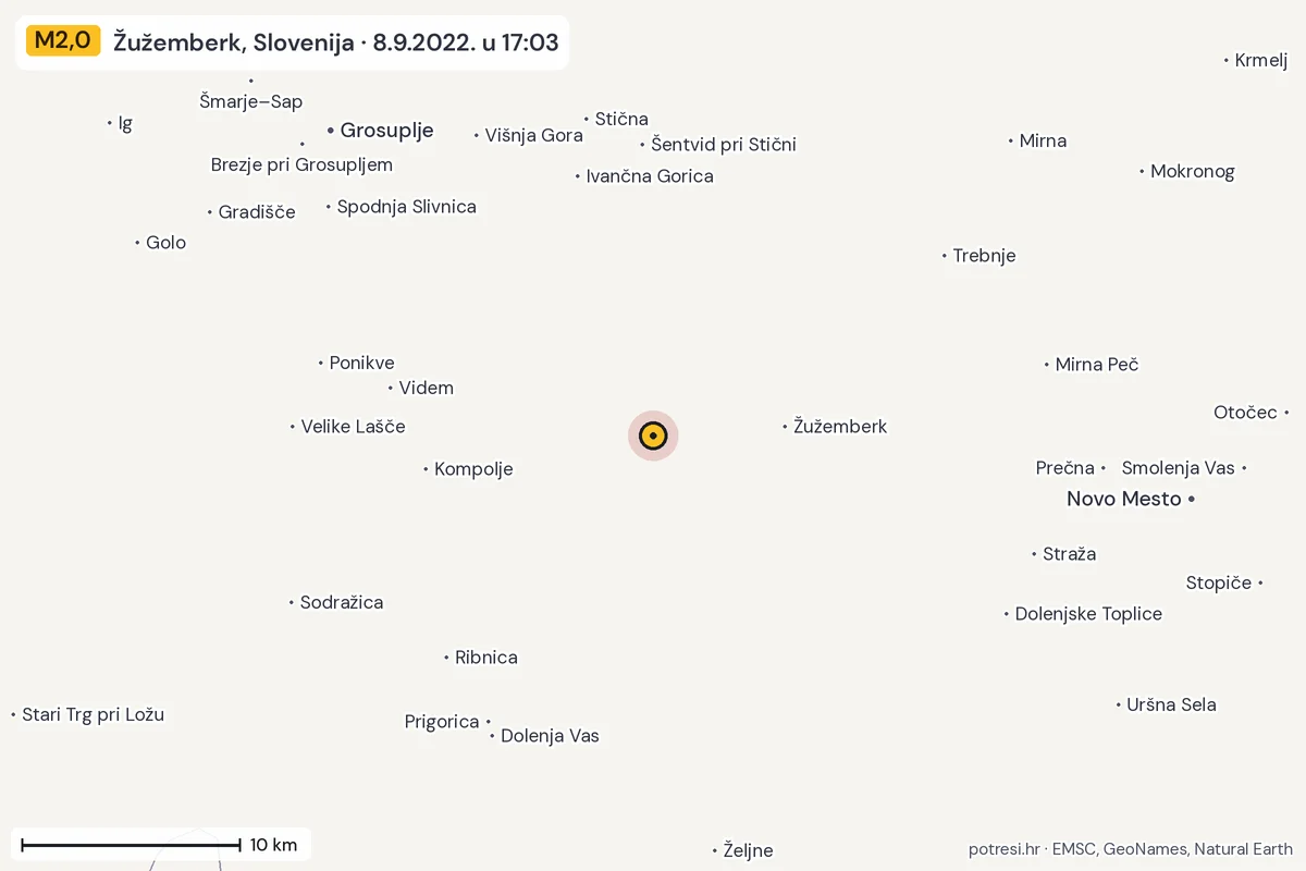 Karta: okolica epicentra, 60 km, potres M2,0, Žužemberk, Slovenija, 8.9.2022.