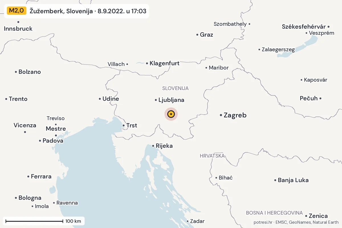 Karta: šire područje, 600 km, potres M2,0, Žužemberk, Slovenija, 8.9.2022.