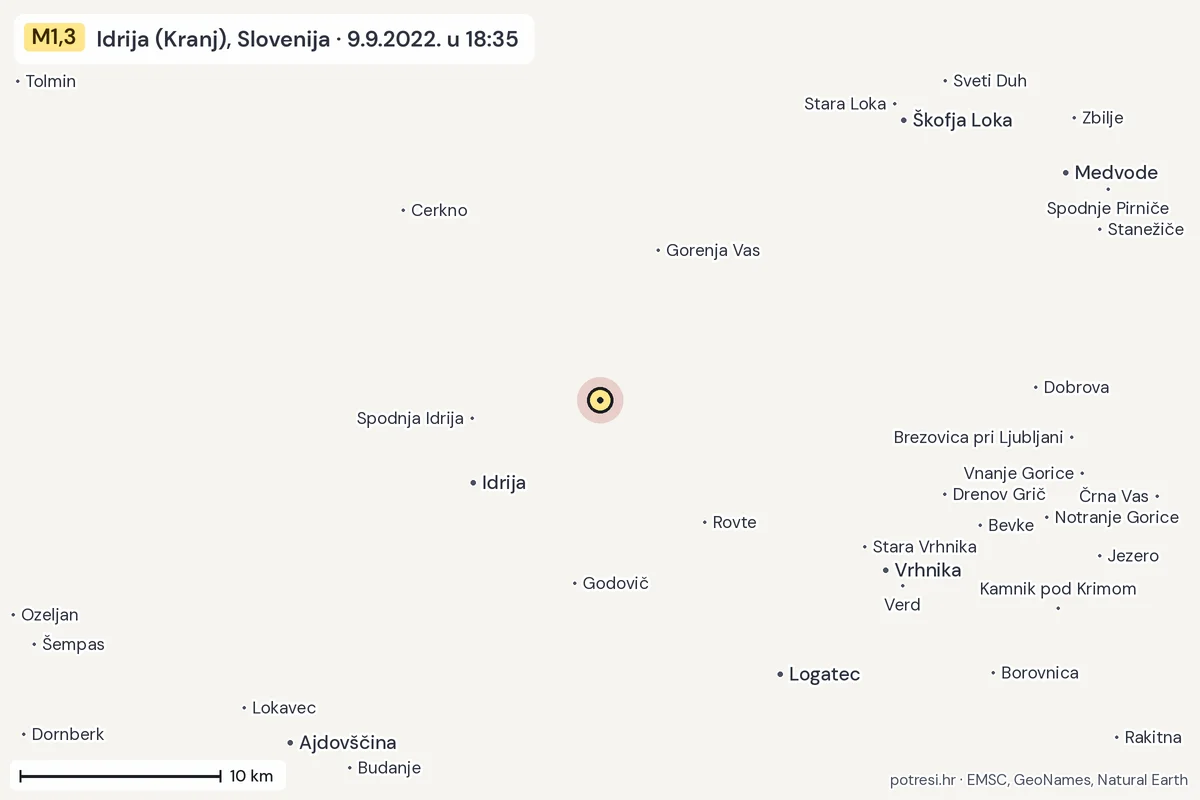 Karta: okolica epicentra, 60 km, potres M1,3, Idrija (Kranj), Slovenija, 9.9.2022.