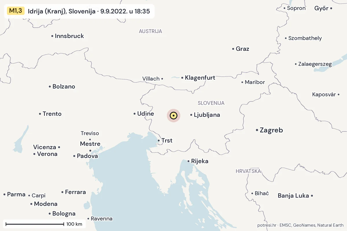 Karta: šire područje, 600 km, potres M1,3, Idrija (Kranj), Slovenija, 9.9.2022.