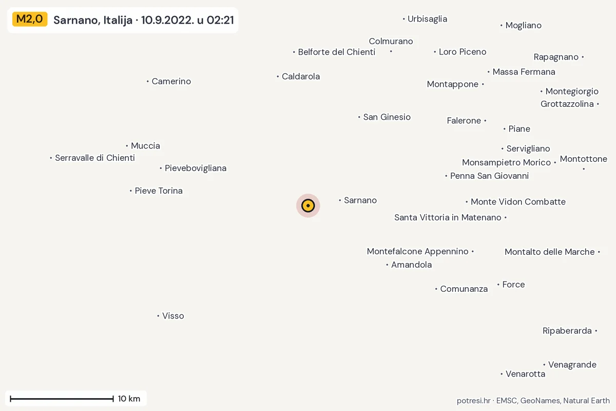 Karta: okolica epicentra, 60 km, potres M2,0, Sarnano, Italija, 10.9.2022.