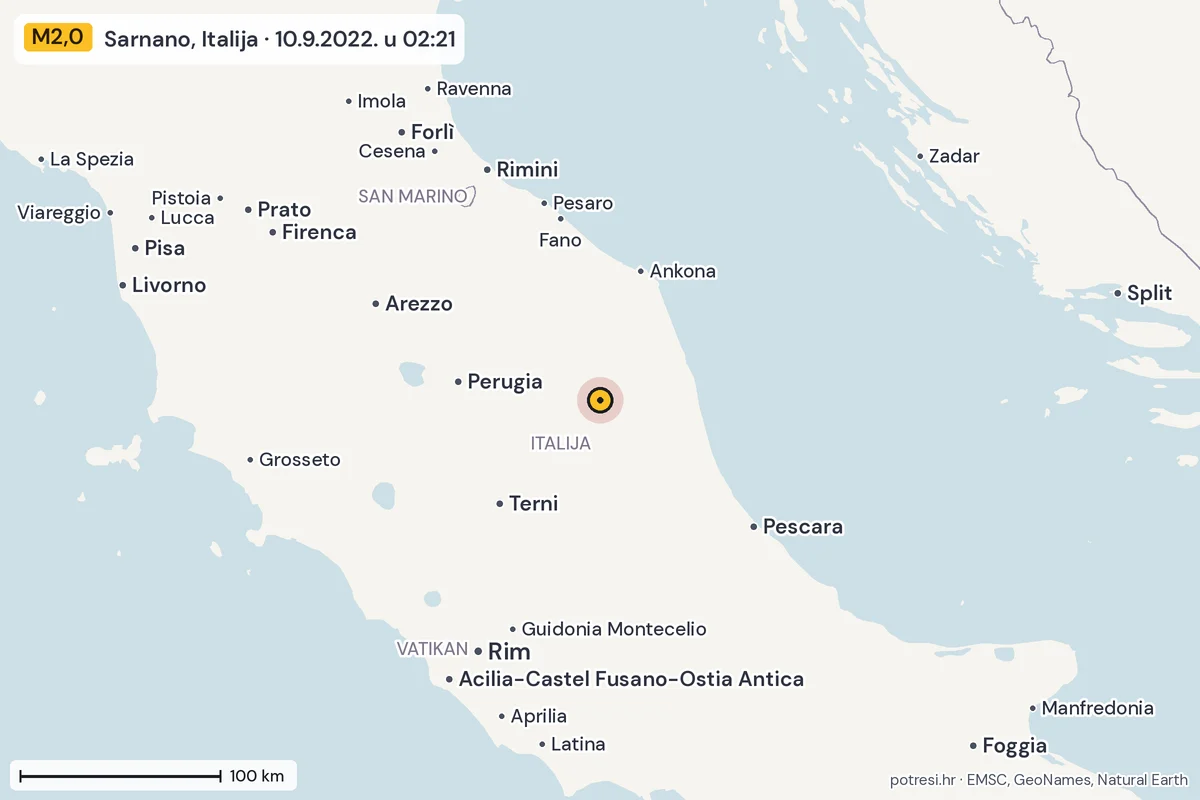 Karta: šire područje, 600 km, potres M2,0, Sarnano, Italija, 10.9.2022.