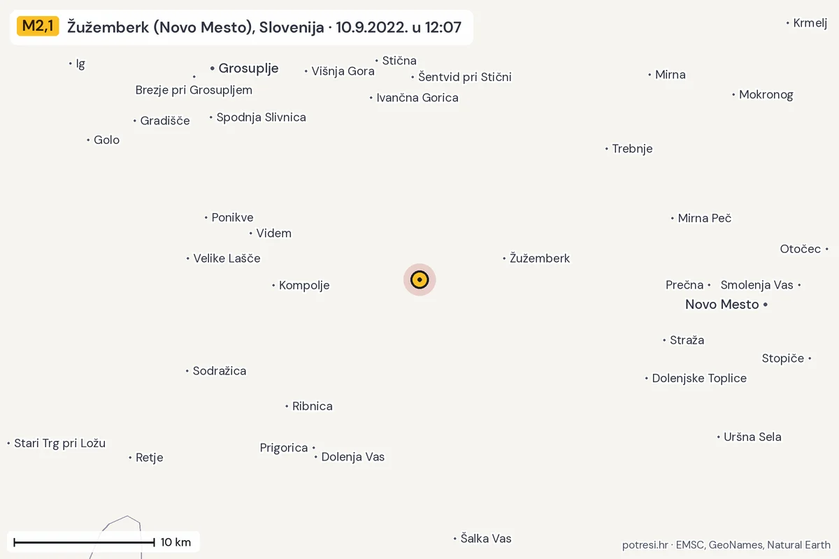 Karta: okolica epicentra, 60 km, potres M2,1, Žužemberk (Novo Mesto), Slovenija, 10.9.2022.