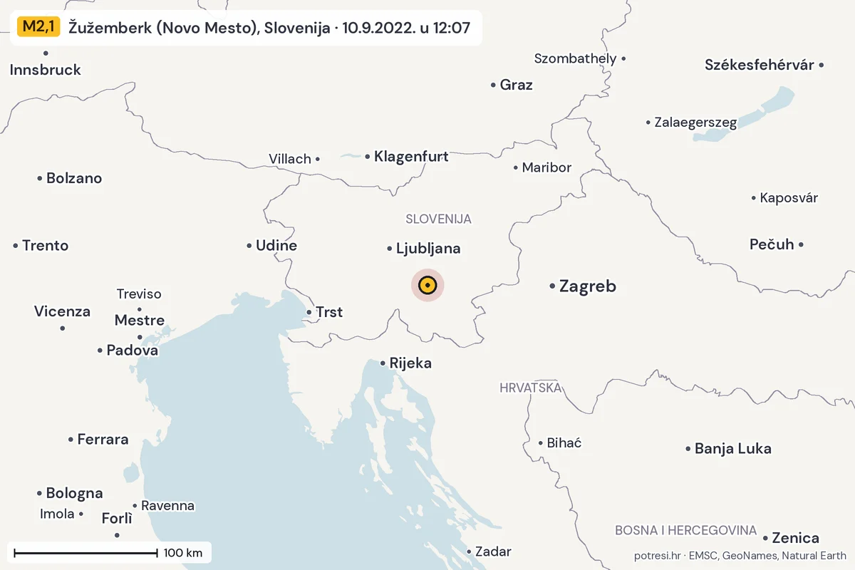Karta: šire područje, 600 km, potres M2,1, Žužemberk (Novo Mesto), Slovenija, 10.9.2022.