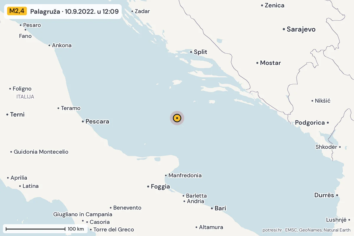 Karta: šire područje, 600 km, potres M2,4, Palagruža, 10.9.2022.