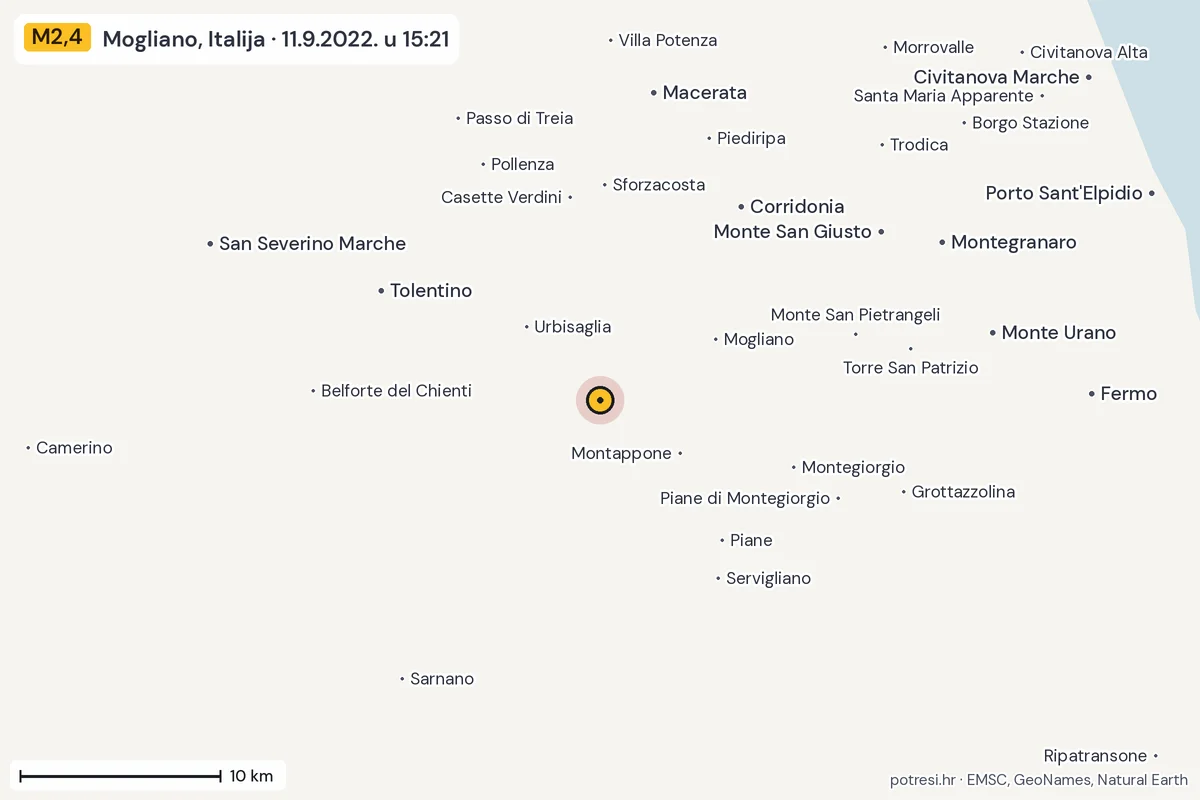 Karta: okolica epicentra, 60 km, potres M2,4, Mogliano, Italija, 11.9.2022.