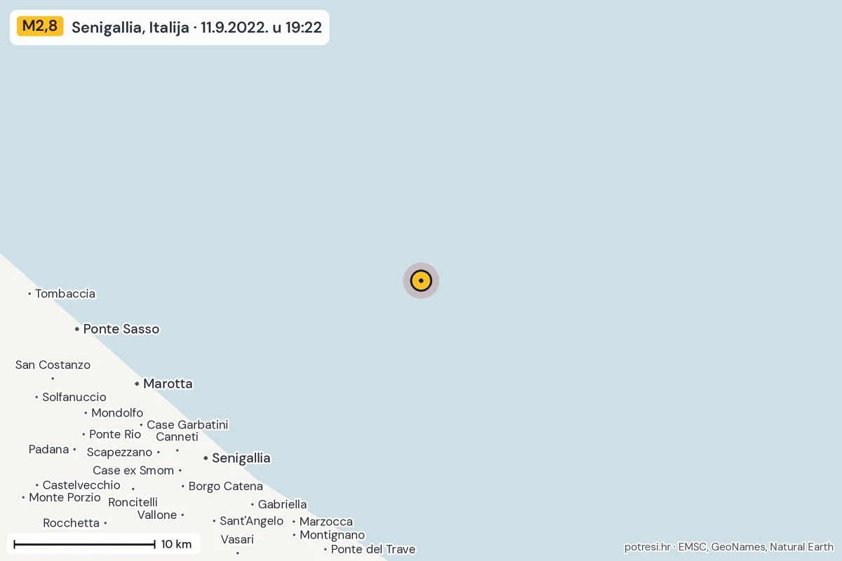 Karta: okolica epicentra, 60 km, potres M2,8, Senigallia, Italija, 11.9.2022.