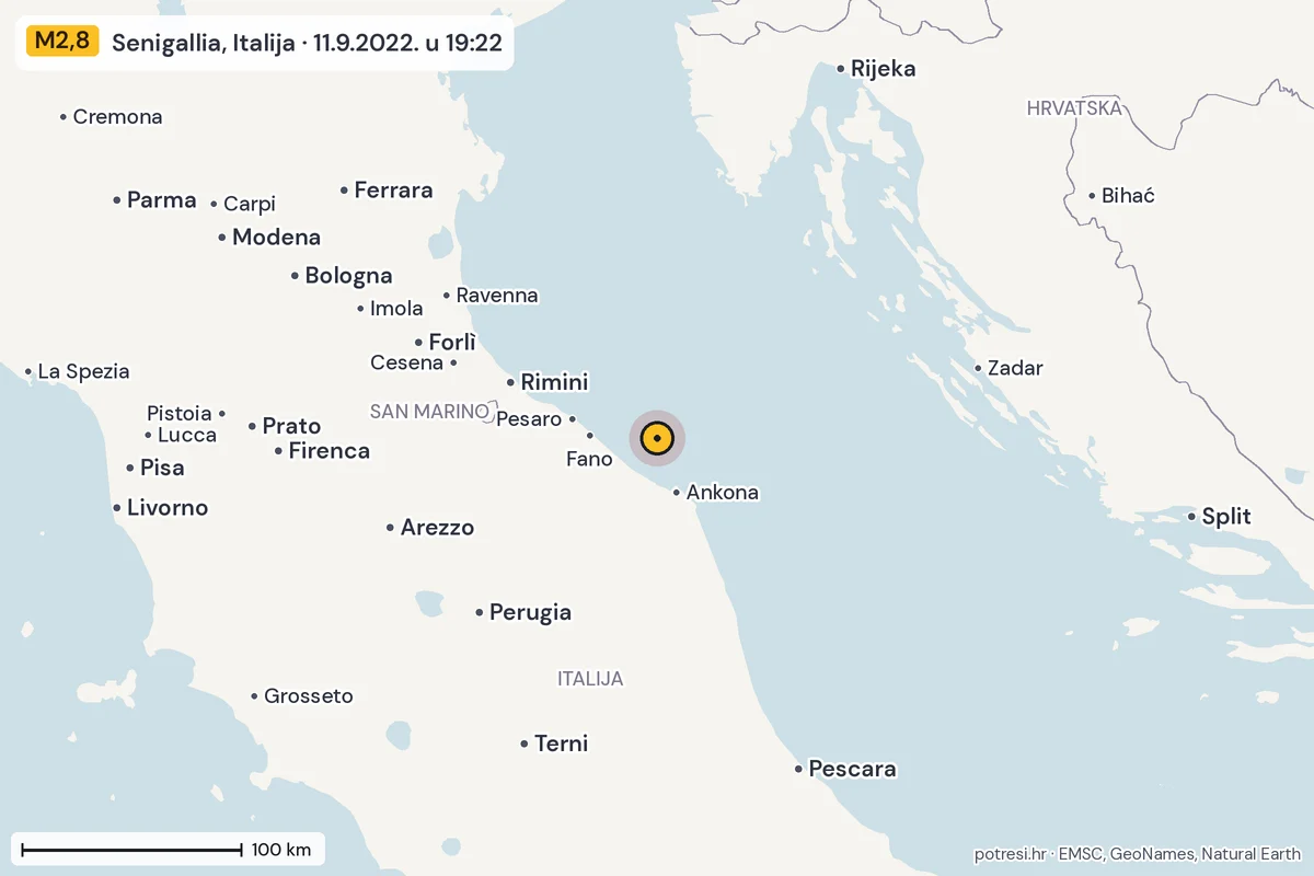 Karta: šire područje, 600 km, potres M2,8, Senigallia, Italija, 11.9.2022.