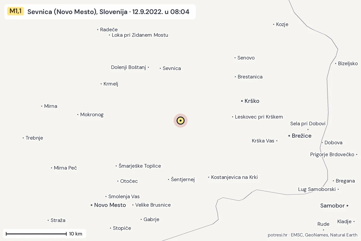 Karta: okolica epicentra, 60 km, potres M1,1, Sevnica (Novo Mesto), Slovenija, 12.9.2022.