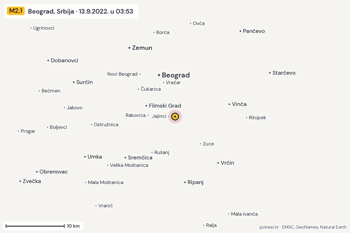 Karta: okolica epicentra, 60 km, potres M2,1, Beograd, Srbija, 13.9.2022.