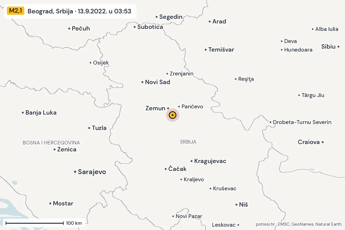 Karta: šire područje, 600 km, potres M2,1, Beograd, Srbija, 13.9.2022.