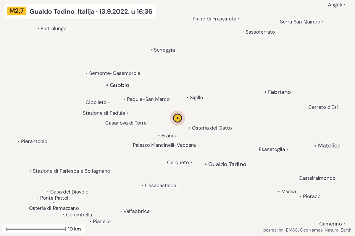 Karta: okolica epicentra, 60 km, potres M2,7, Gualdo Tadino, Italija, 13.9.2022.