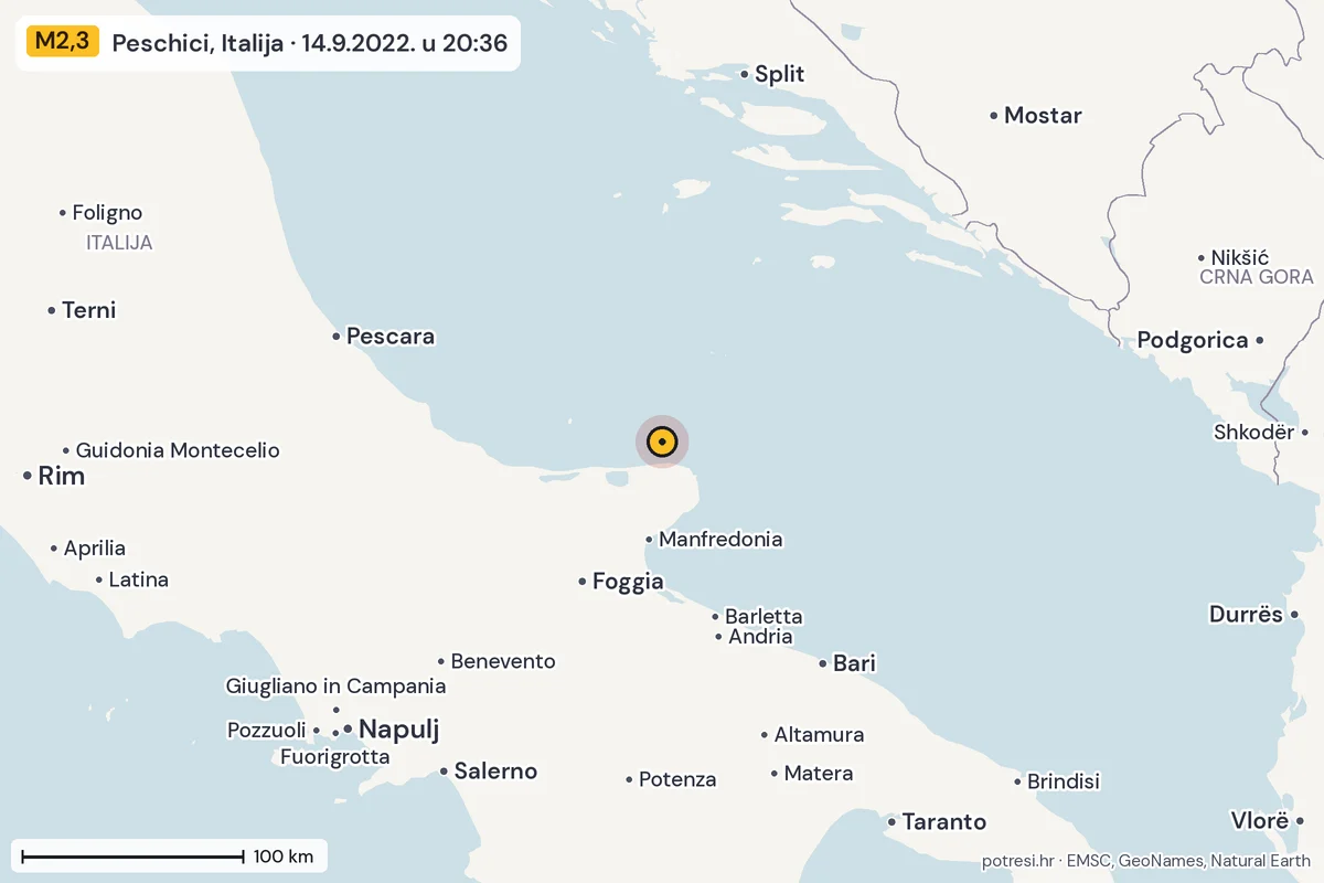 Karta: šire područje, 600 km, potres M2,3, Peschici, Italija, 14.9.2022.
