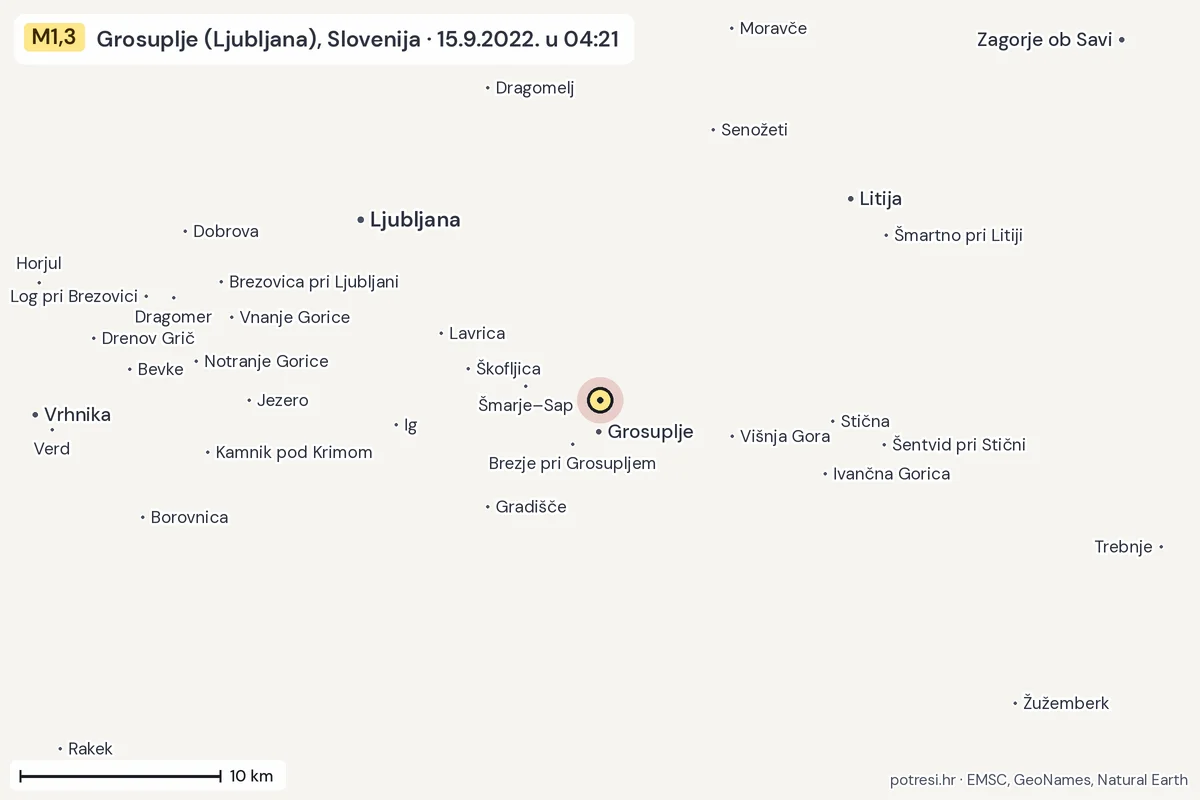 Karta: okolica epicentra, 60 km, potres M1,3, Grosuplje (Ljubljana), Slovenija, 15.9.2022.