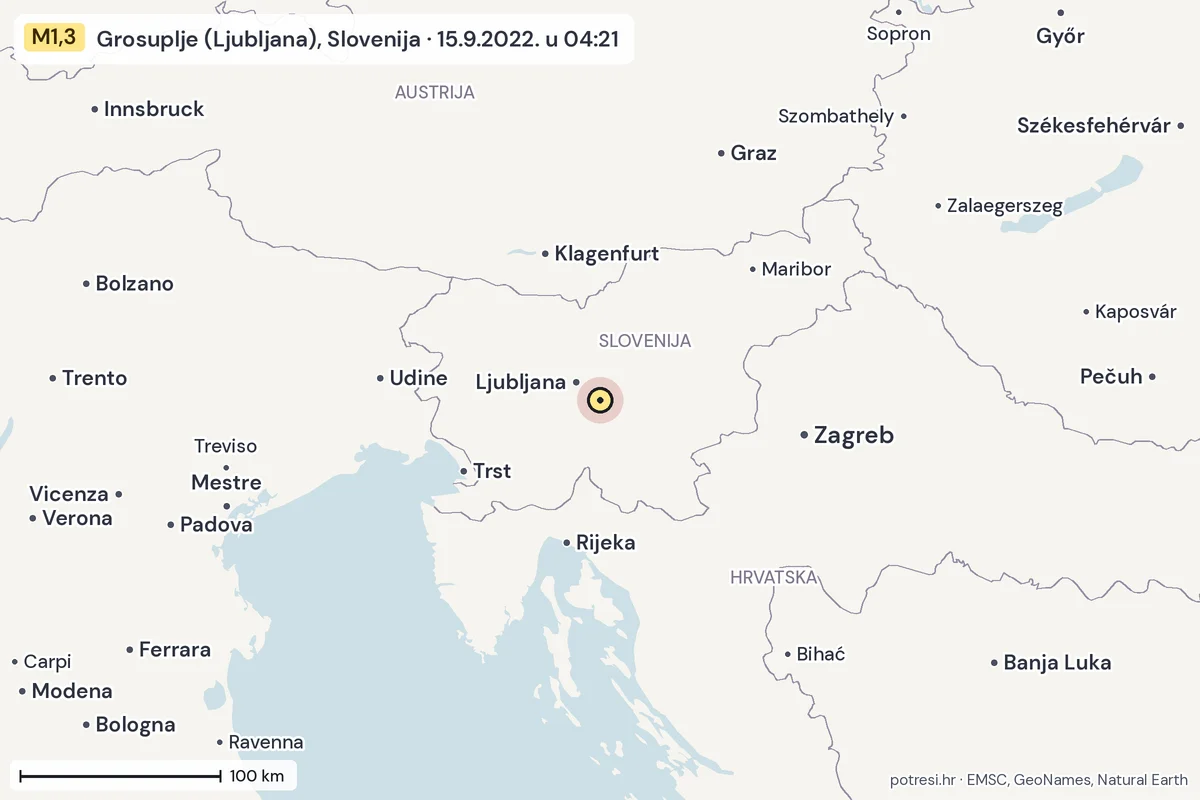 Karta: šire područje, 600 km, potres M1,3, Grosuplje (Ljubljana), Slovenija, 15.9.2022.