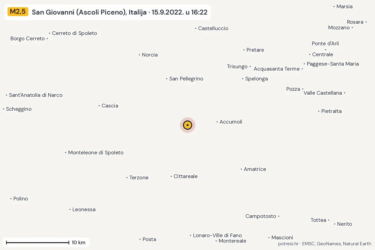 Karta: okolica epicentra, 60 km, potres M2,5, San Giovanni (Ascoli Piceno), Italija, 15.9.2022.