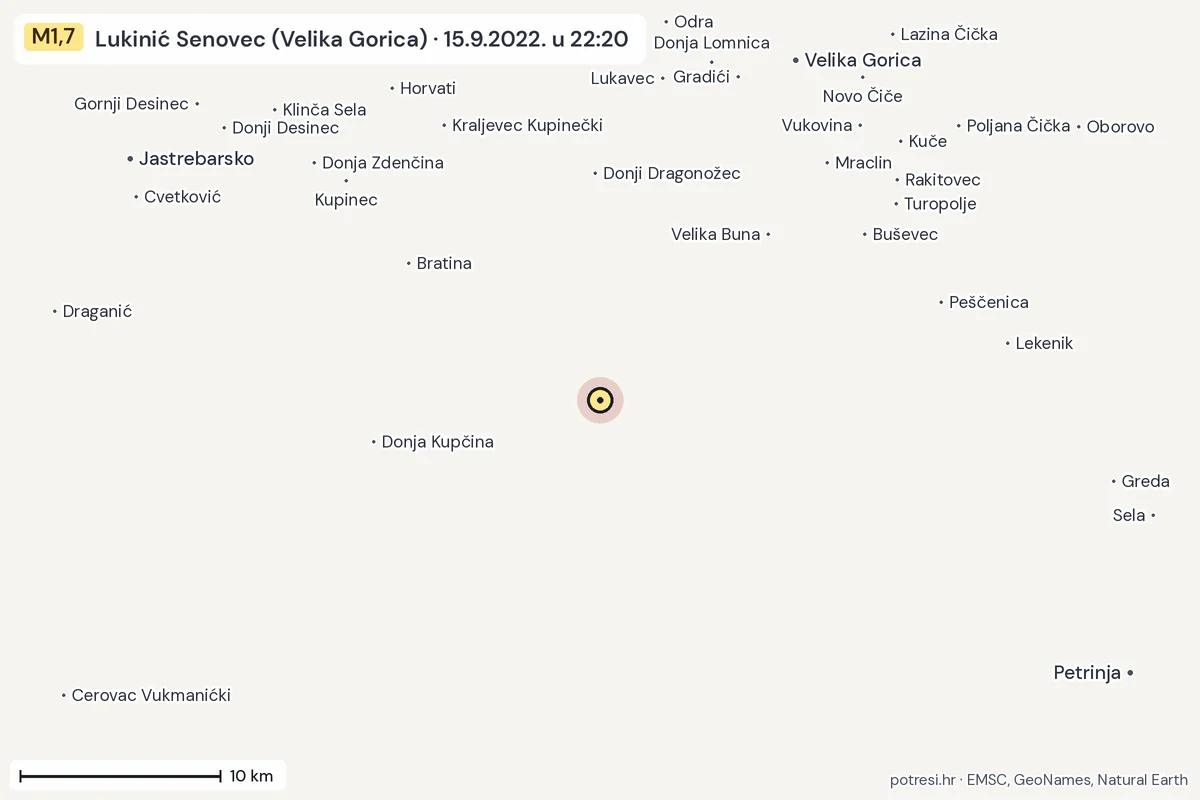 Karta: okolica epicentra, 60 km, potres M1,7, Lukinić Senovec (Velika Gorica), 15.9.2022.