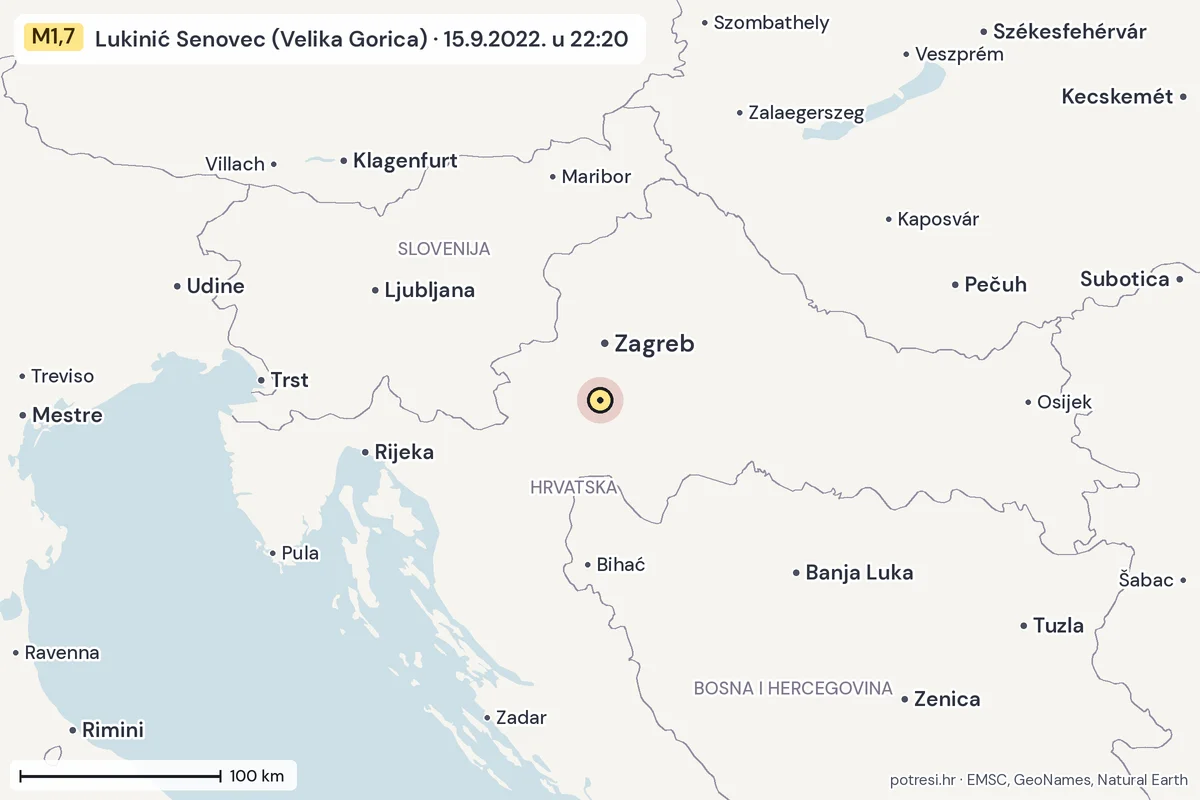 Karta: šire područje, 600 km, potres M1,7, Lukinić Senovec (Velika Gorica), 15.9.2022.