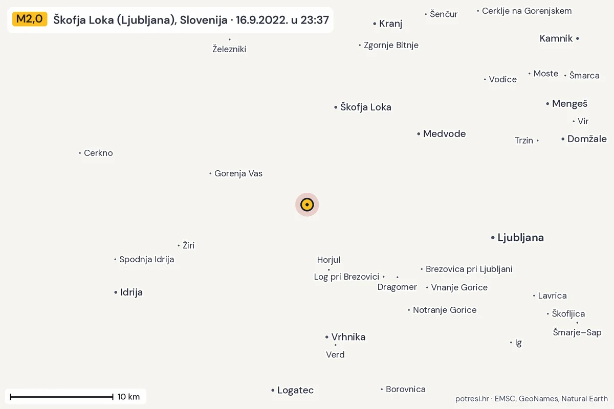 Karta: okolica epicentra, 60 km, potres M2,0, Škofja Loka (Ljubljana), Slovenija, 16.9.2022.