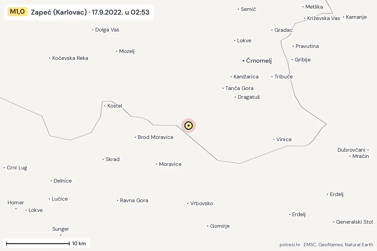 Karta: okolica epicentra, 60 km, potres M1,0, Zapeć (Karlovac), 17.9.2022.