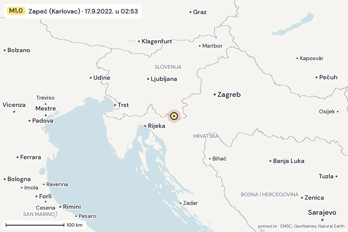 Karta: šire područje, 600 km, potres M1,0, Zapeć (Karlovac), 17.9.2022.