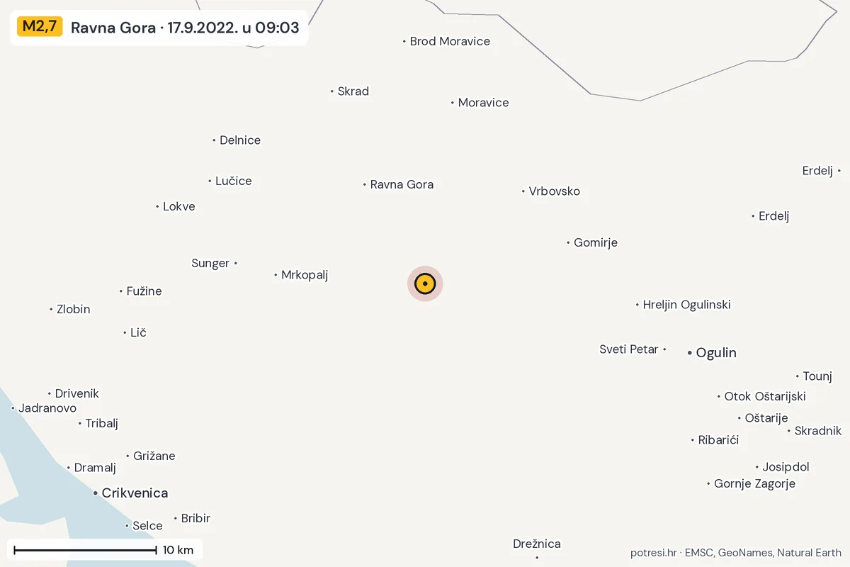 Karta: okolica epicentra, 60 km, potres M2,7, Ravna Gora, 17.9.2022.