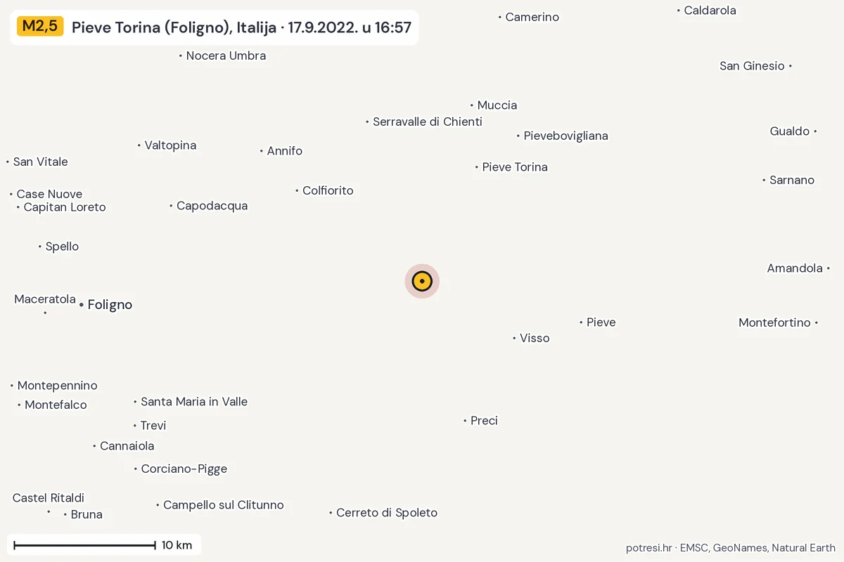 Karta: okolica epicentra, 60 km, potres M2,5, Pieve Torina (Foligno), Italija, 17.9.2022.