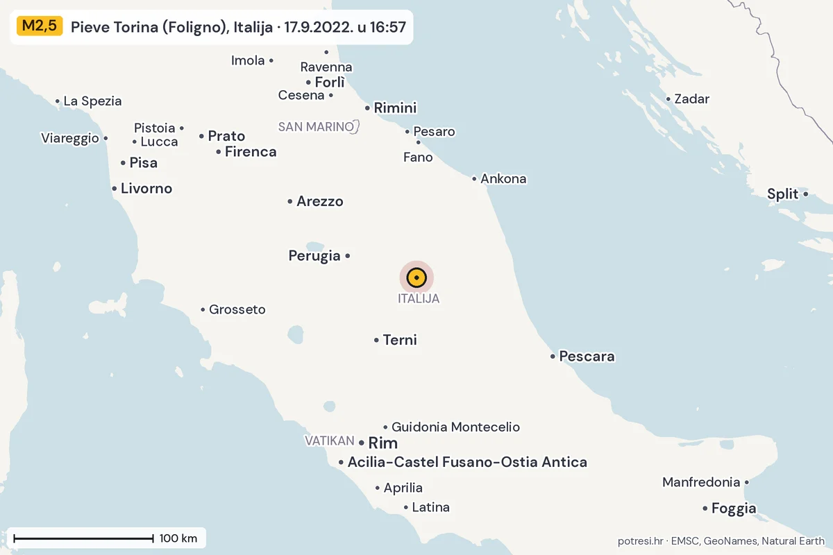 Karta: šire područje, 600 km, potres M2,5, Pieve Torina (Foligno), Italija, 17.9.2022.