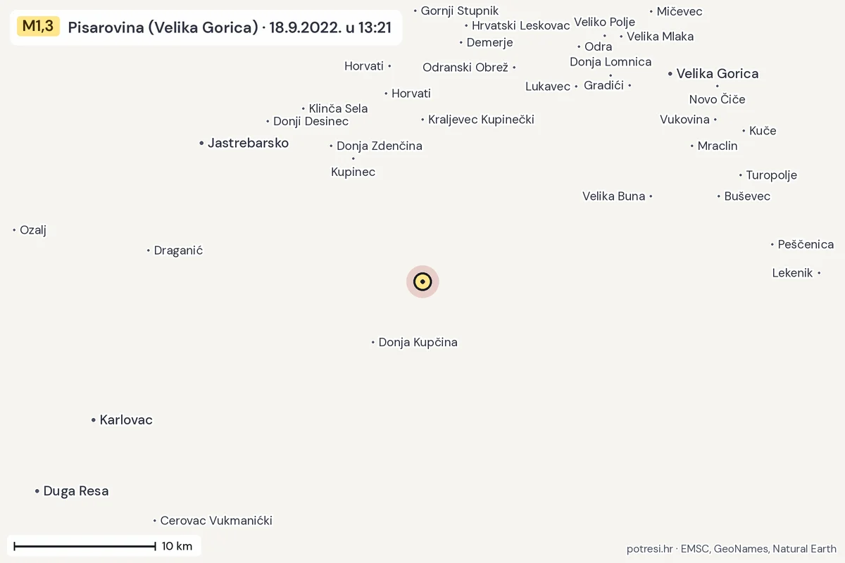 Karta: okolica epicentra, 60 km, potres M1,3, Pisarovina (Velika Gorica), 18.9.2022.