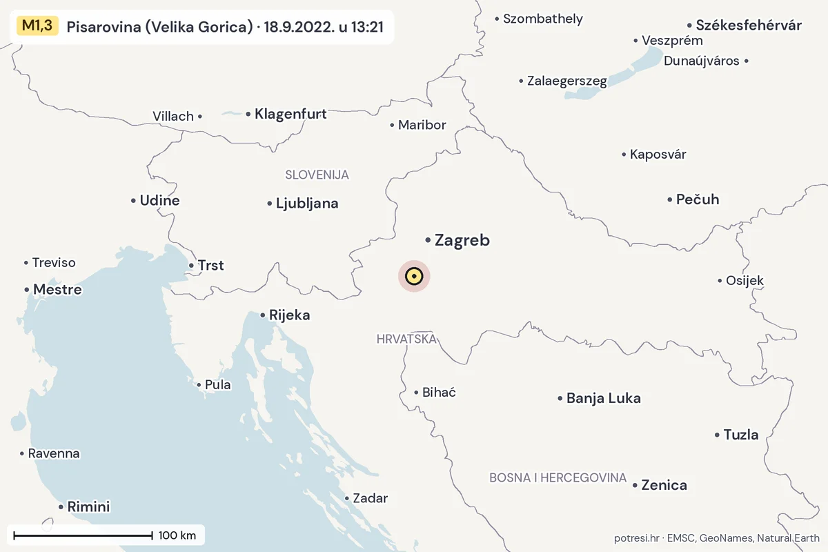 Karta: šire područje, 600 km, potres M1,3, Pisarovina (Velika Gorica), 18.9.2022.