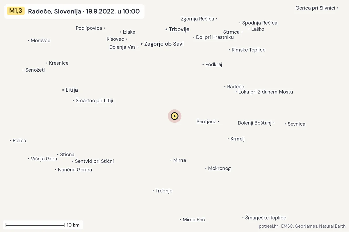 Karta: okolica epicentra, 60 km, potres M1,3, Radeče, Slovenija, 19.9.2022.