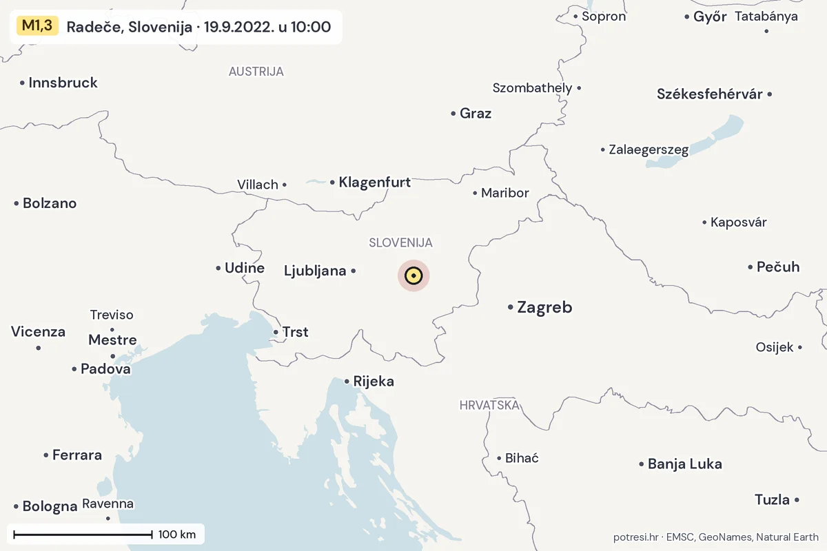 Karta: šire područje, 600 km, potres M1,3, Radeče, Slovenija, 19.9.2022.