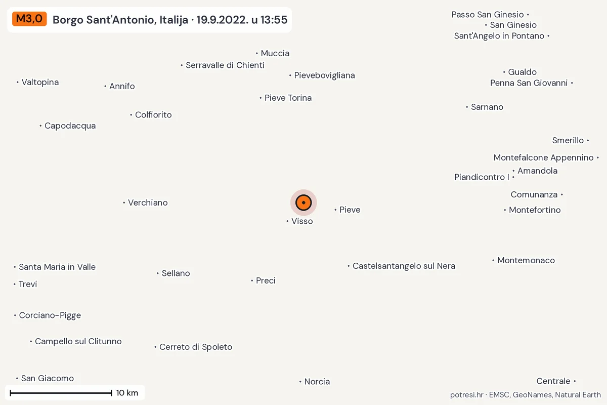 Karta: okolica epicentra, 60 km, potres M3,0, Borgo Sant'Antonio, Italija, 19.9.2022.