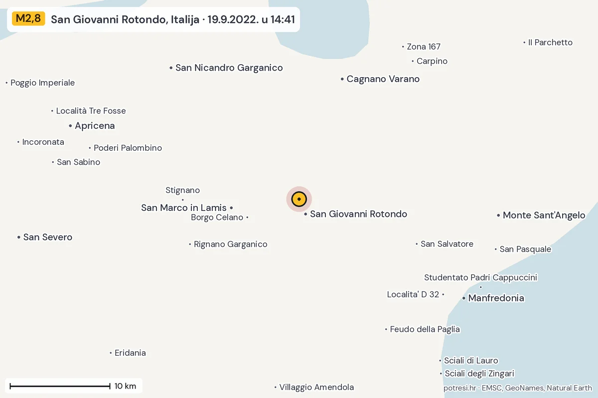 Karta: okolica epicentra, 60 km, potres M2,8, San Giovanni Rotondo, Italija, 19.9.2022.