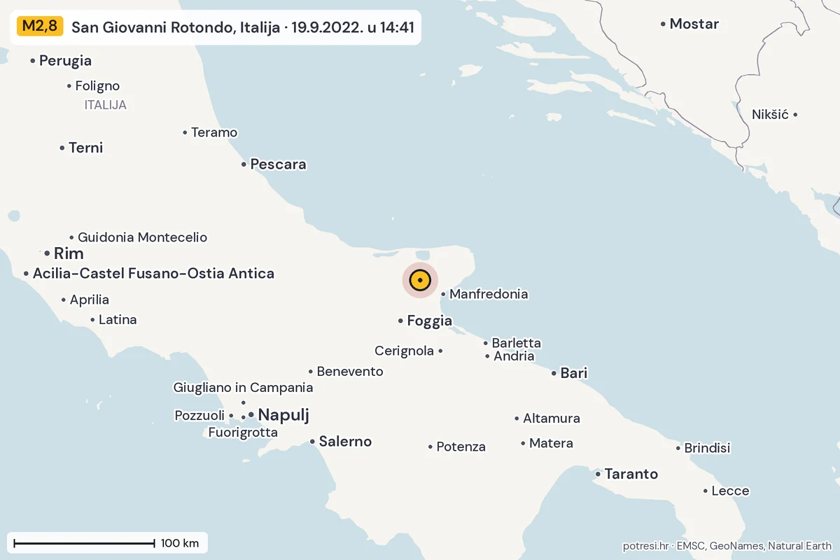 Karta: šire područje, 600 km, potres M2,8, San Giovanni Rotondo, Italija, 19.9.2022.