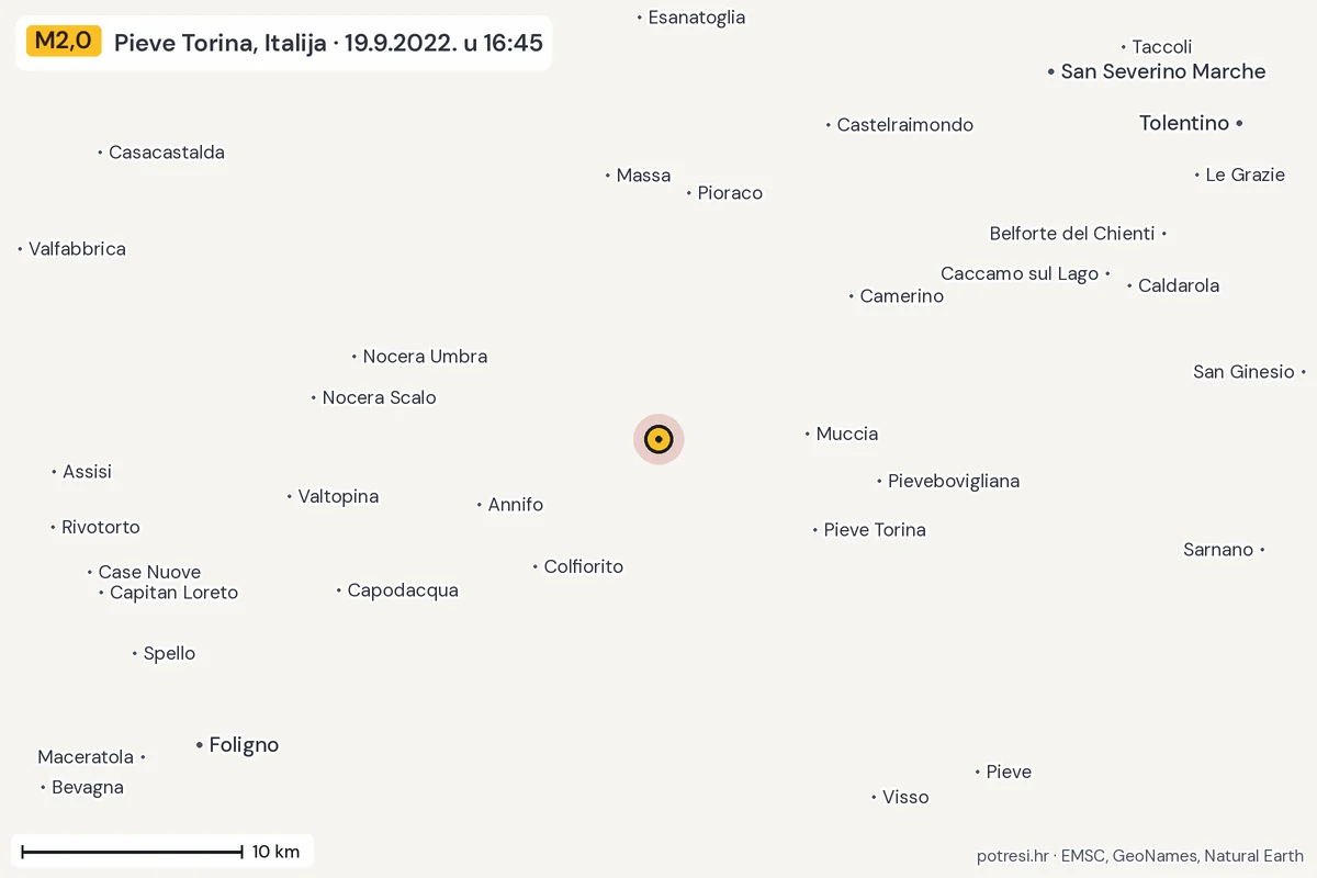 Karta: okolica epicentra, 60 km, potres M2,0, Pieve Torina, Italija, 19.9.2022.