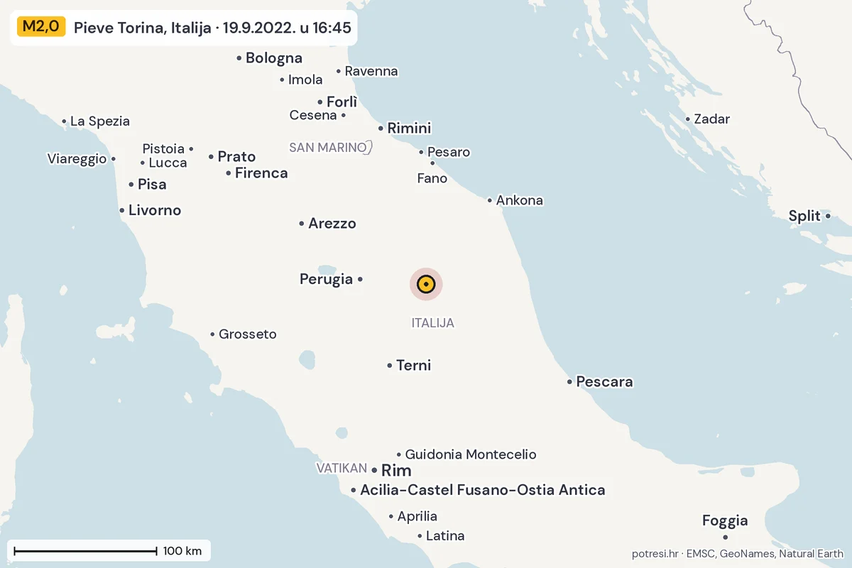 Karta: šire područje, 600 km, potres M2,0, Pieve Torina, Italija, 19.9.2022.