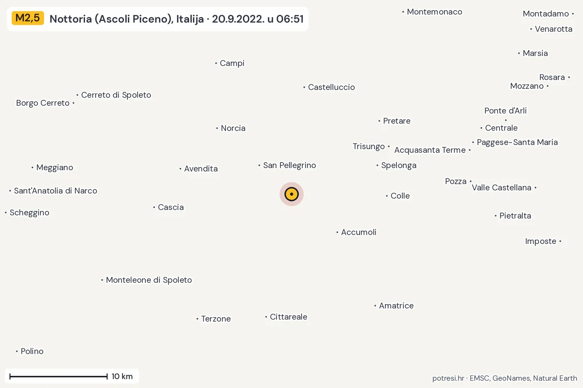 Karta: okolica epicentra, 60 km, potres M2,5, Nottoria (Ascoli Piceno), Italija, 20.9.2022.
