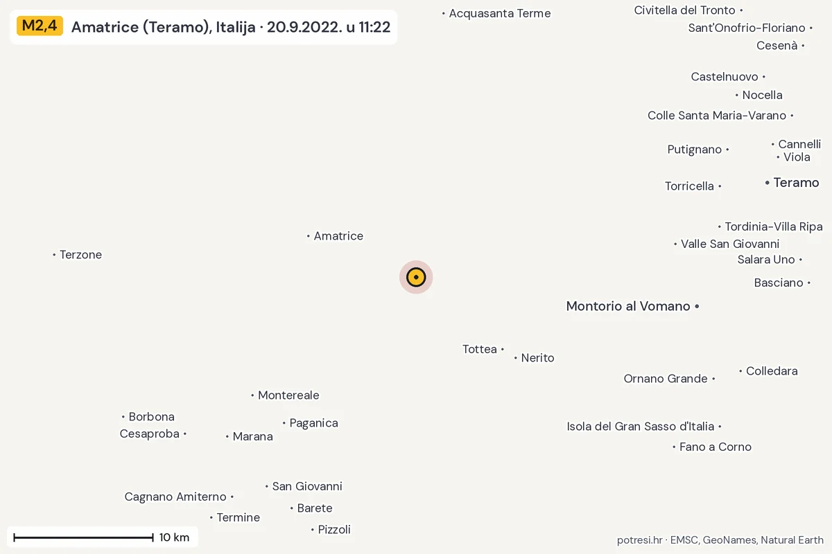 Karta: okolica epicentra, 60 km, potres M2,4, Amatrice (Teramo), Italija, 20.9.2022.