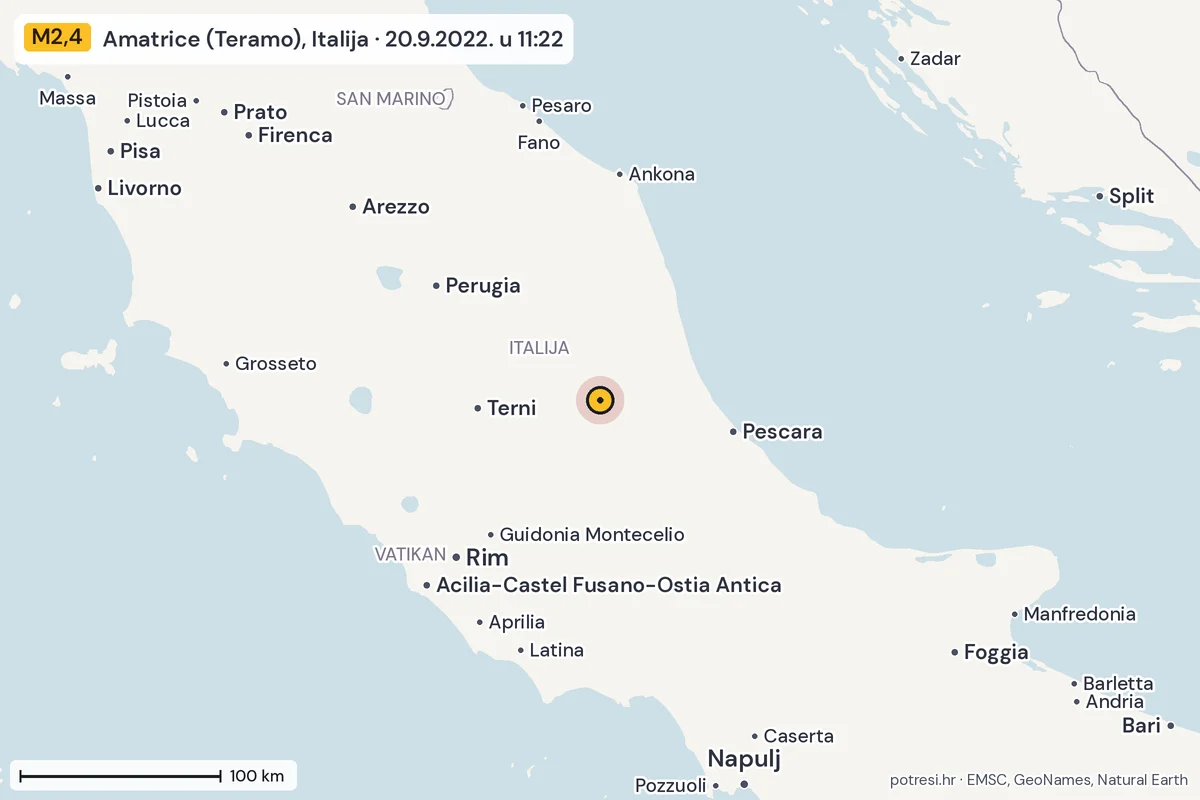 Karta: šire područje, 600 km, potres M2,4, Amatrice (Teramo), Italija, 20.9.2022.