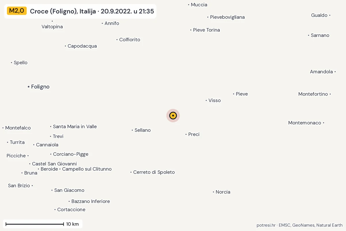 Karta: okolica epicentra, 60 km, potres M2,0, Croce (Foligno), Italija, 20.9.2022.