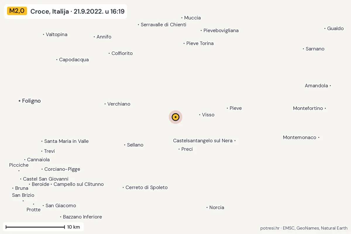 Karta: okolica epicentra, 60 km, potres M2,0, Croce, Italija, 21.9.2022.