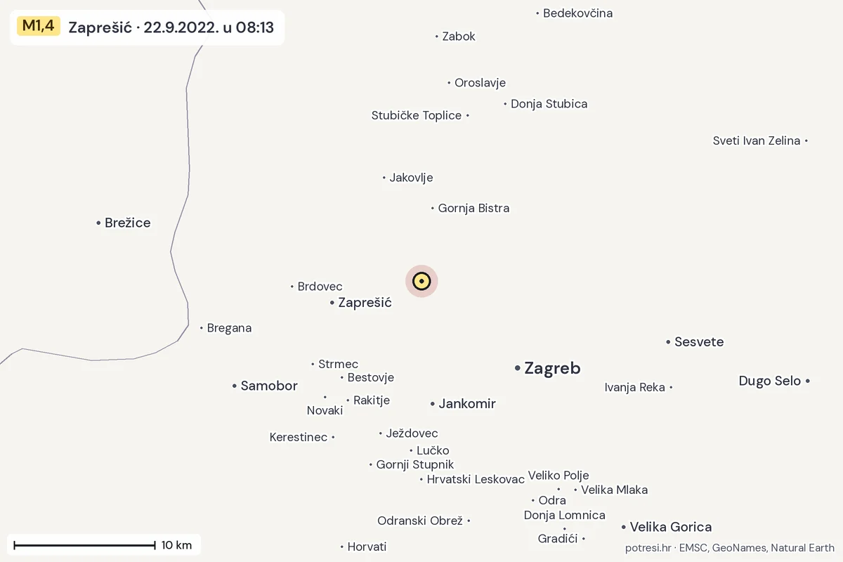 Karta: okolica epicentra, 60 km, potres M1,4, Zaprešić, 22.9.2022.