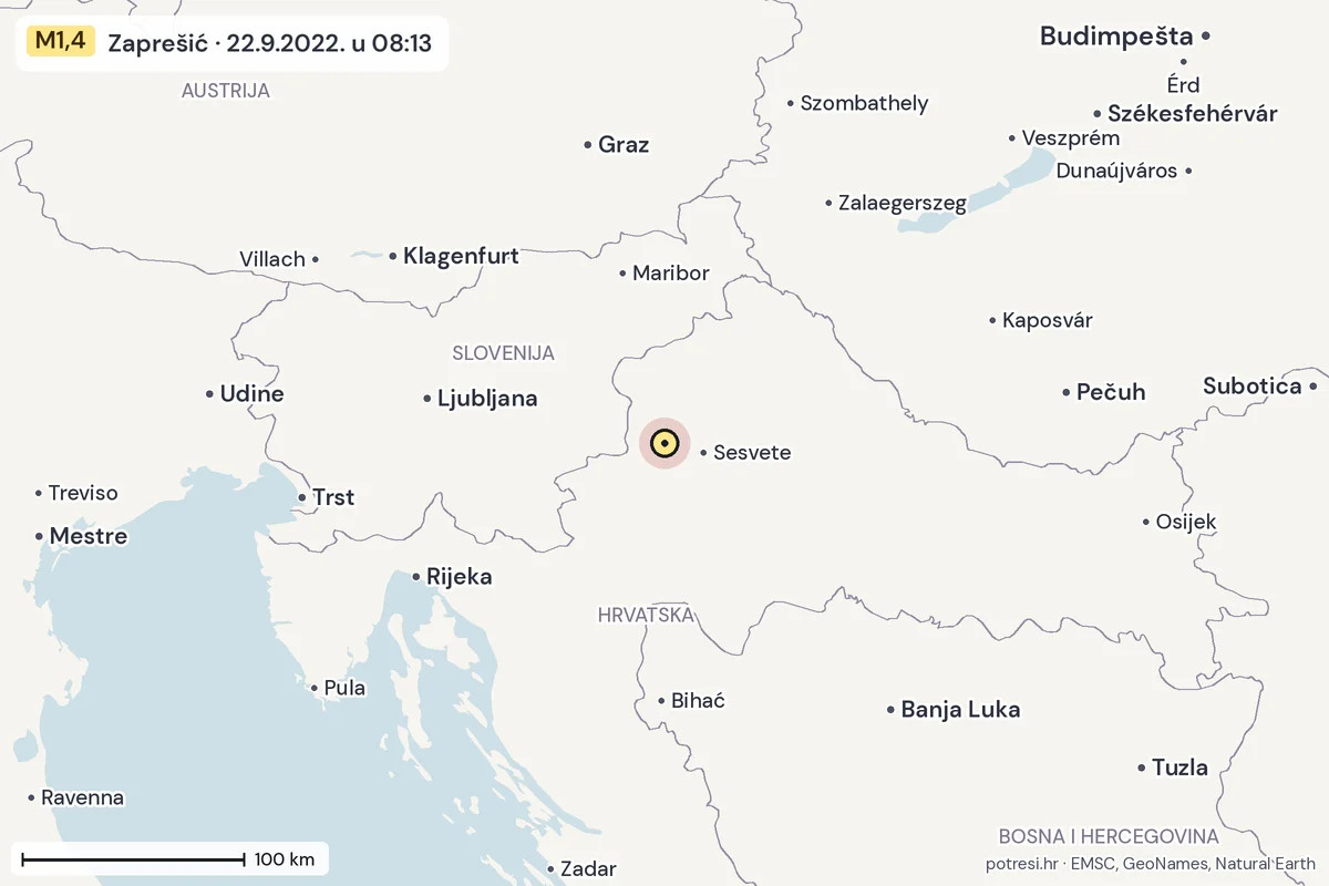 Karta: šire područje, 600 km, potres M1,4, Zaprešić, 22.9.2022.