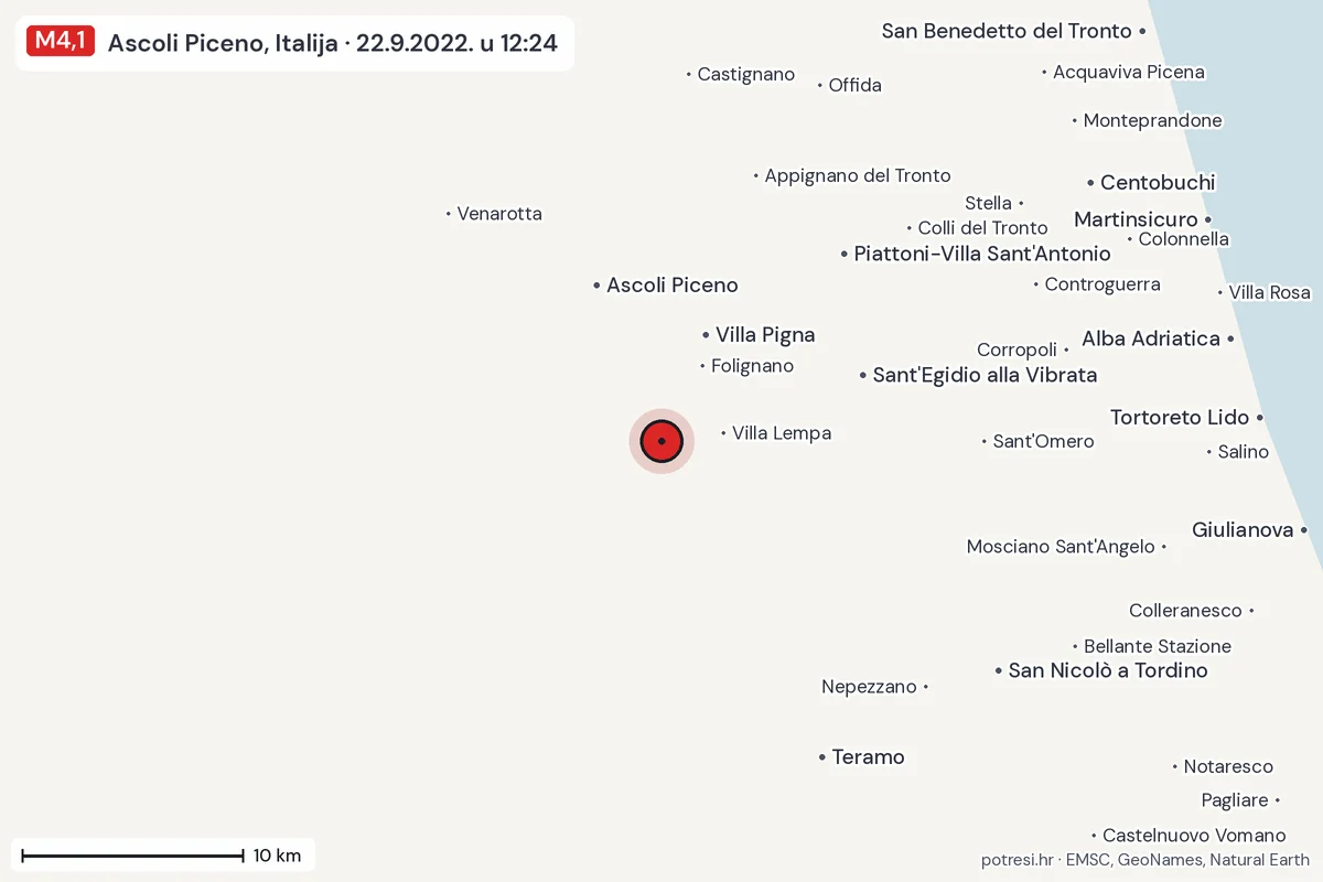 Karta: okolica epicentra, 60 km, potres M4,1, Ascoli Piceno, Italija, 22.9.2022.